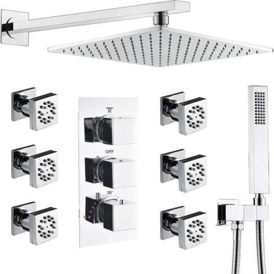 China Chrome Free Sliding Bar Shower Set Wall Mounted Thermostatic Valve Shower System With Dual Function Body Jets for sale