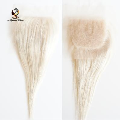 China High quality#60 silky straight wave hair white blonde full closure piece silky straight 4X4 lace closure for sale