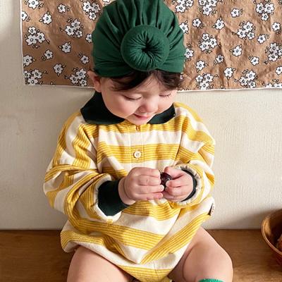 China Customized Long Sleeve Vintage Style Turn-down Collar Stripe Cotton Spandex Knit Baby Newborn Romper for sale