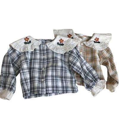 China Breathable Embroidery Boutique Flower Sleeve Baby Clothing Toddler Girl Long Fall Plaid Shirt for sale