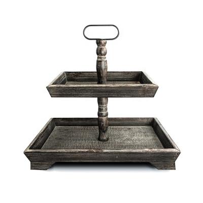 China Custom Factory Direct Sale Square Shape Home Decor Rustic Contemporary Rustic Tray Farmhouse Wooden Tiered Tray for sale