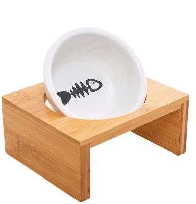 China Sustainable High Quality Dog Cat Food Holder With 1 Bamboo Ceramic Bowls Pet Feeder for sale