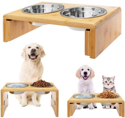 China Sustainable Adjustable Bamboo High Pet Wheels High Feeder For Dogs Cat Food And Water Wheels Stand Feeder for sale