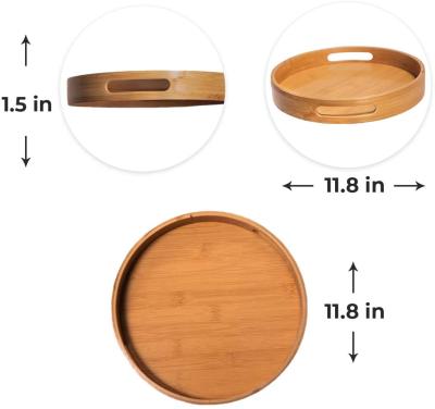 China Kitchenware Natural Round Bamboo Food Serving Tray with Handles - Wooden Circle Bamboo Tray for Coffee Table, Food, Ottoman Wood Tray for sale