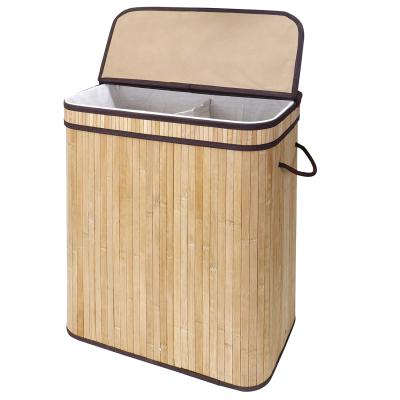 China Contemporary Foldable Rectangular Bamboo Two Piece Hamper Folding Laundry Basket for sale