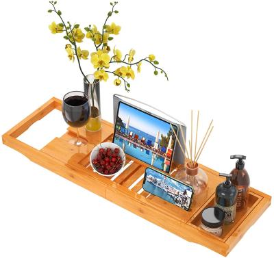 China Sustainable Bamboo Tray Cart with Wine Glass Holder, Book Holder Bathroom Tub Organizer with Widening Sides for sale