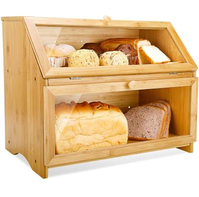 China 100% Freshness Preservation 2 Layer Bamboo Bread Box Food Storage Bin With Front Window Bread Holder Clear For Kitchen for sale