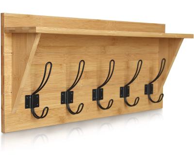 China Sustainable Modern Unique Space Saving Bamboo Coat Hanger Wall Mounted Hooks With Shelf for sale