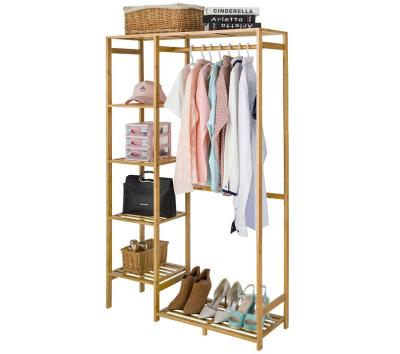 China Storage Media & Racks Bamboo Garment Rack 6 Tier Storage Shelves Clothes Hanging Rack Heavy Duty Side Hooks Clothing Rack for sale