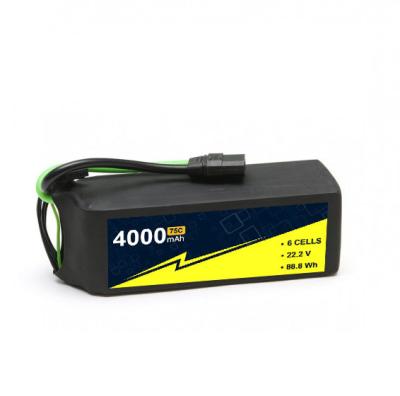 China 75C 150c Airplane Lipo Batteries 22.2V 6s 4000mah Lipo Battery Lightweight for sale