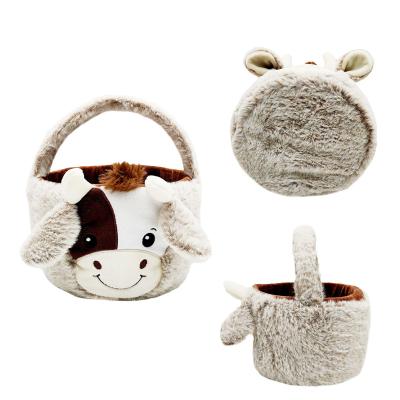 China Wholesale Plush Toy Cow Lovely Basket Basket Toy Cartoon Stuffed Soft Cow Easter Basket Plush Toy 25CM Stuffed Cow Easter Basket For Kids for sale