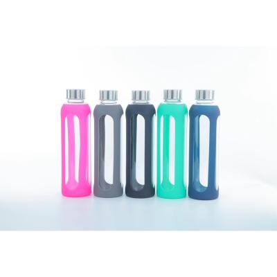 China Sustainable promotional good quality eco friendly glass water bottles with silicone sleeve&stainless steel lid for sale