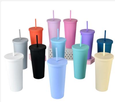 China Watersy Coastal 2021 New Fashion 24oz Double Wall Plastic Matte Pastel Colored Acrylic Tumblers Outdoor Cups with Lids and Straws for sale