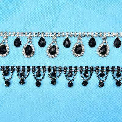 China Flatback Black Tear Drop Rhinestone Tassel Pendant Crystal Metal Bead Chain Trim For Jacket Jeans Clothing Bikini Decoration Accessories for sale