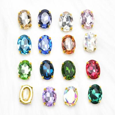 China Pointback 10*14mm Multicolor Crystal Sew High Quality Glass On Oval Rhinestone Gold Base For Shoes Headband Dress Clothes DIY Crafts for sale