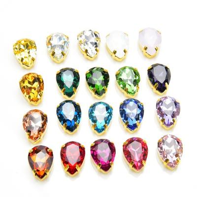 China Pointback 10*14mm Teardrop Shape Shiny K9 Crystal With Gold Claw Sew On Rhinestone Button DIY Garment Accessories for sale