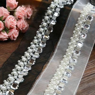 China Viable Rhinestone Pearl Beaded For Sew On Lace Trimming for sale