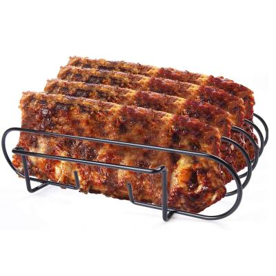 China Easily Cleaned Metal Ribs Rack Holds 4 Ribs Barbecue Rib Rack For Charcoal Gas Smoking Grilling for sale