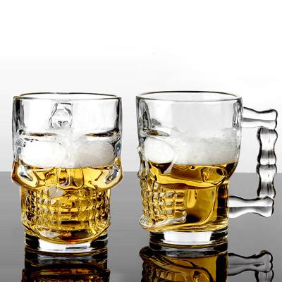 China Modern Skull Beer Glass Skull Halloween Beer Glass Mug With Handle Glass Skull Shape for sale