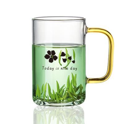 China Modern hot sale borosilicate glass tea cup coffee mug with handle 300ml decal green for sale