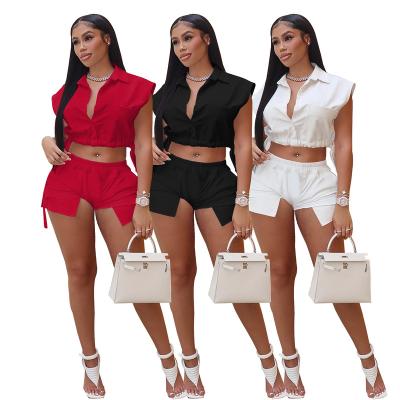 China Fashion Solid Color Lapel Cardigan Button Crop Breathable Tops And Casual Shorts With Pocket Tracksuits For Women Two Piece Sets for sale