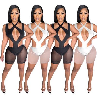 China Wholesale Solid Breathable Hollow Out Sexy Sleeveless Romper Tops And Mesh See Through Slim Shorts Casual Outfits Women Two Piece Sets for sale