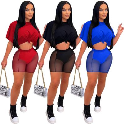 China Hot Selling Breathable Sexy See Through Mesh Short Sleeve Crop Top And 2 Piece Sets Womens Patchwork Skinny Shorts Club Wear for sale