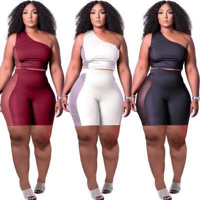 China S-3XL Breathable Solid Mesh One Shoulder Sleeveless Crop Side Tops And Slim Sports Shorts Women Casual Two Piece Sets for sale