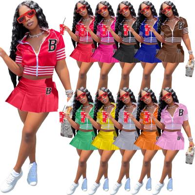 China Newest Breathable Varsity Letter Printing Baseball Crop Uniform Jacket Tops And Tennis Pleated Skirts Set Women 2 Piece Skirt Sets for sale