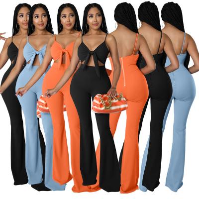 China New Solid Summer Sling Chest Bandage Overalls Waterproof For Women Sexy New Back Zipper One Piece Flare Pants for sale