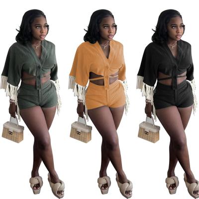 China Breathable Wholesale Tassel Half Sleeve V-Neck Cardigan Bandage Crop Top And Sexy 2 Piece Sets Slim Solid Color Shorts Women for sale