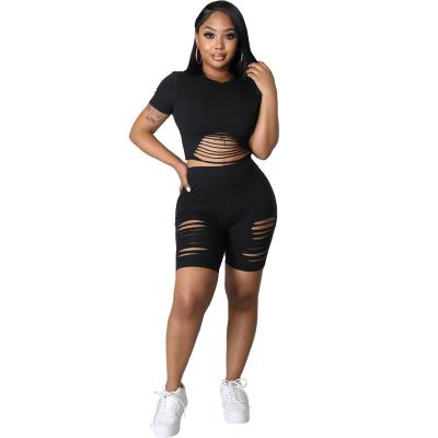 China Custom Logo Solid Color Short Sleeve O-neck Crop Anti-pilling Tops And Shorts Split Slim Outfits For Women Hollow Out Biker 2 Piece Set for sale