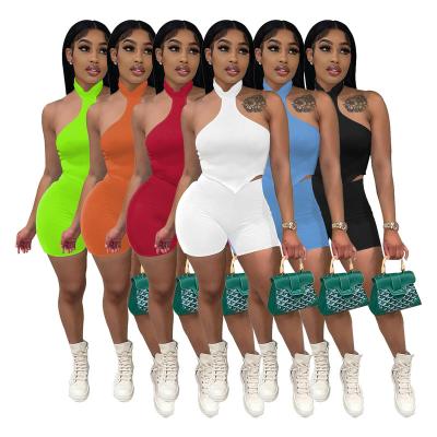 China Solid Color Sexy 2 Piece Sets Logo Halter Top Slim Women Pencil Shorts Backless Sleeveless Crop Custom Made Summer Breathable for sale