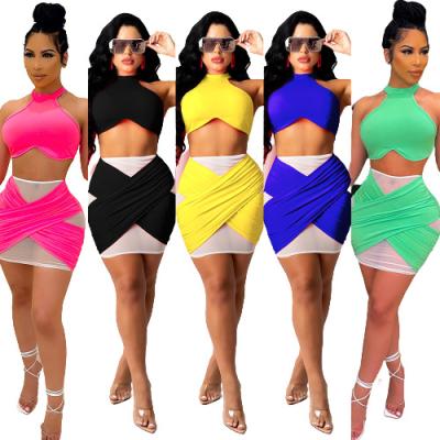 China Anti-pilling Summer Solid Color Crop Top Mesh Skirt Womens Irregular Two Piece Shorts Skirt Halterneck Sets for sale