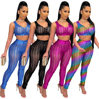 China Solid Color QUICK DRY Tank Summer Panties Long Pant Suit Hollow Out Sports Breathable Sequins Sexy Nightclub 2 Pieces Set Women for sale