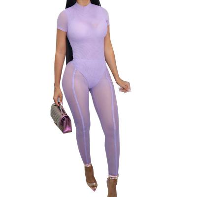 China Hot Sale Anti-pilling Solid Color Quilting Short Sleeve Rompers See Sexy Women Mesh Suit Two Piece Slim Pants Set for sale