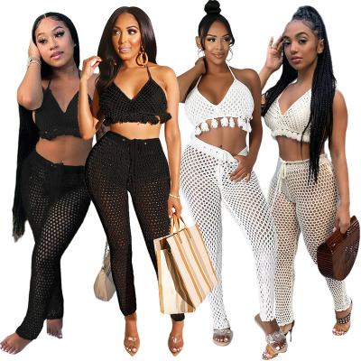 China Anti-pilling Wholesale Mesh Tassel Halterneck Hollow Out Perspective Sexy Bikini Pants Set Backless Nightclub 2 Pieces Set Women for sale