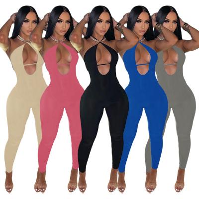 China DropShipping Breathable Halter Neck Butt Lift Jumpsuits Sports Open Back Summer Hollow Out Sexy Women One Piece Overalls for sale