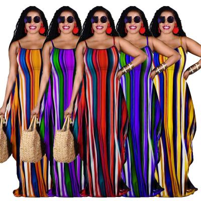 China Breathable Hot Sale Summer Loose Casual Print Striped Long Dress Women Sling Dress Beach Skirt With Pockets for sale