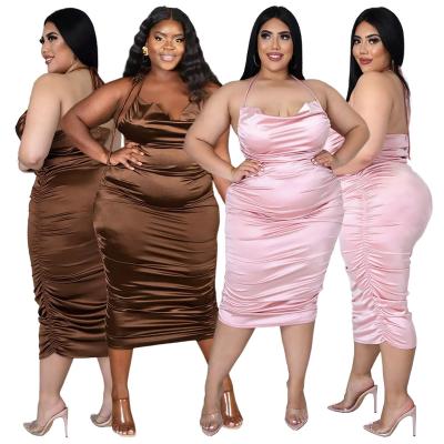 China Sustainable Hot Selling Halter Neck Ties Zipper Pleated Shiny Sexy Women's Plus Size Loose Dress for sale