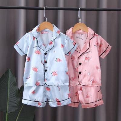 China Summer Homewear QUICK DRY Night Suits Cute Full Print Kids Watermelon Pajamas Silk Sleepwear Set for sale