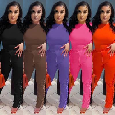 China KSH8202 Women's Clothing Anti-Static Solid Color Hot Selling Casual T-shirt And Jogger Tight-fitting Two-Piece Pants Set With Side Tassel for sale