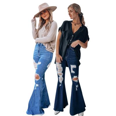 China Women's Breathable Jeans New Arrivals Fashion Skinny Light Blue Denim Flare Pants Ripped Distressed Lattice Women for sale