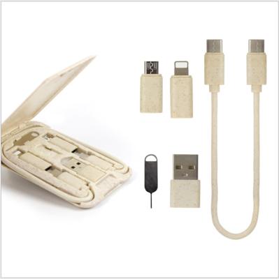 China Convenient Wheat Straw 6 in 1 Storage Box Travel USB Type C Apple Micro Cable Card Clip Fast Charging Data Cables for sale