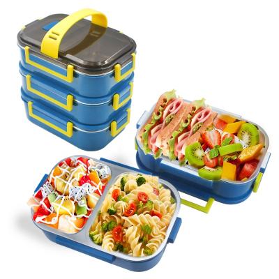 China Airtight Tiffin Box Plastic 304 Stainless Steel Bento Box Food Grade Kids Three Layers Heatable for sale