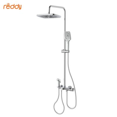 China With Chrome Handle Chrome Slide Bar Bathroom Four-Function Rainfall Thermostatic Overhead Shower Brass Zinc Alloy Double Bath Faucet With Slide Bar for sale