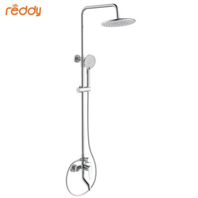 China With Slide Bar Contemporary Style Bathroom Shower Faucet Wall Mounted Round Brass Chromed Mixer Systems Exposed Rain Three Functions Shower Set for sale