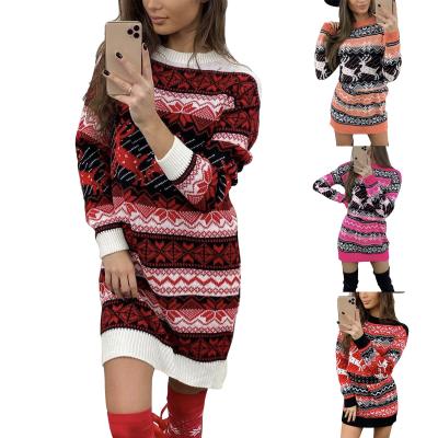 China 2021 New Christmas Jacquard Elk Sweater Anti-pilling Long Sleeve Woolen Dress Knitted Sweater Girls Christmas Dresses for sale