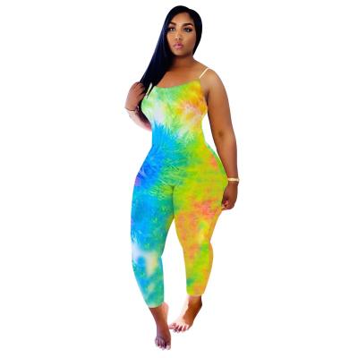 China Polyester/Cotton Plus Size Women's Suit Tie Dye Printing Full Body Non-Woven Skinny Worsted Fabric SLEEVELESS Gradient Suspender Overalls for sale