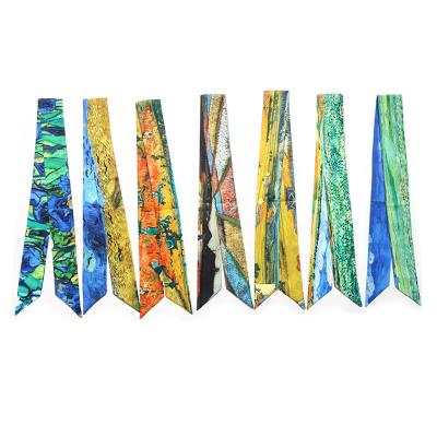 China Fashion Wholesale Korean Women Fashion Girls Long Ribbon Hair Scarves Satin Printed Silk Neck Scarf Custom for sale